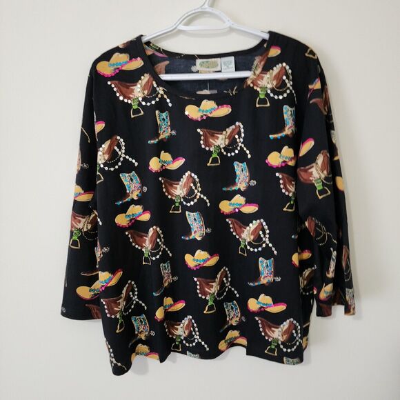 Collections Etc Tops - NWOT Collections Etc Womens Cowgirl 3/4 Sleeve Top Size XL Black Multicolor